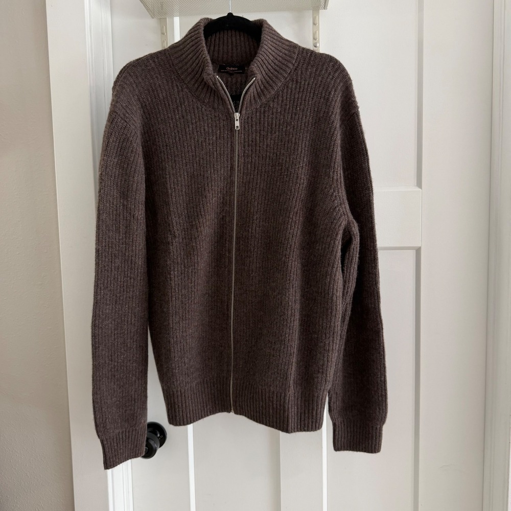 Quince Mongolian Cashmere Fisherman Full Zip Sweater Heather Truffle Brown L